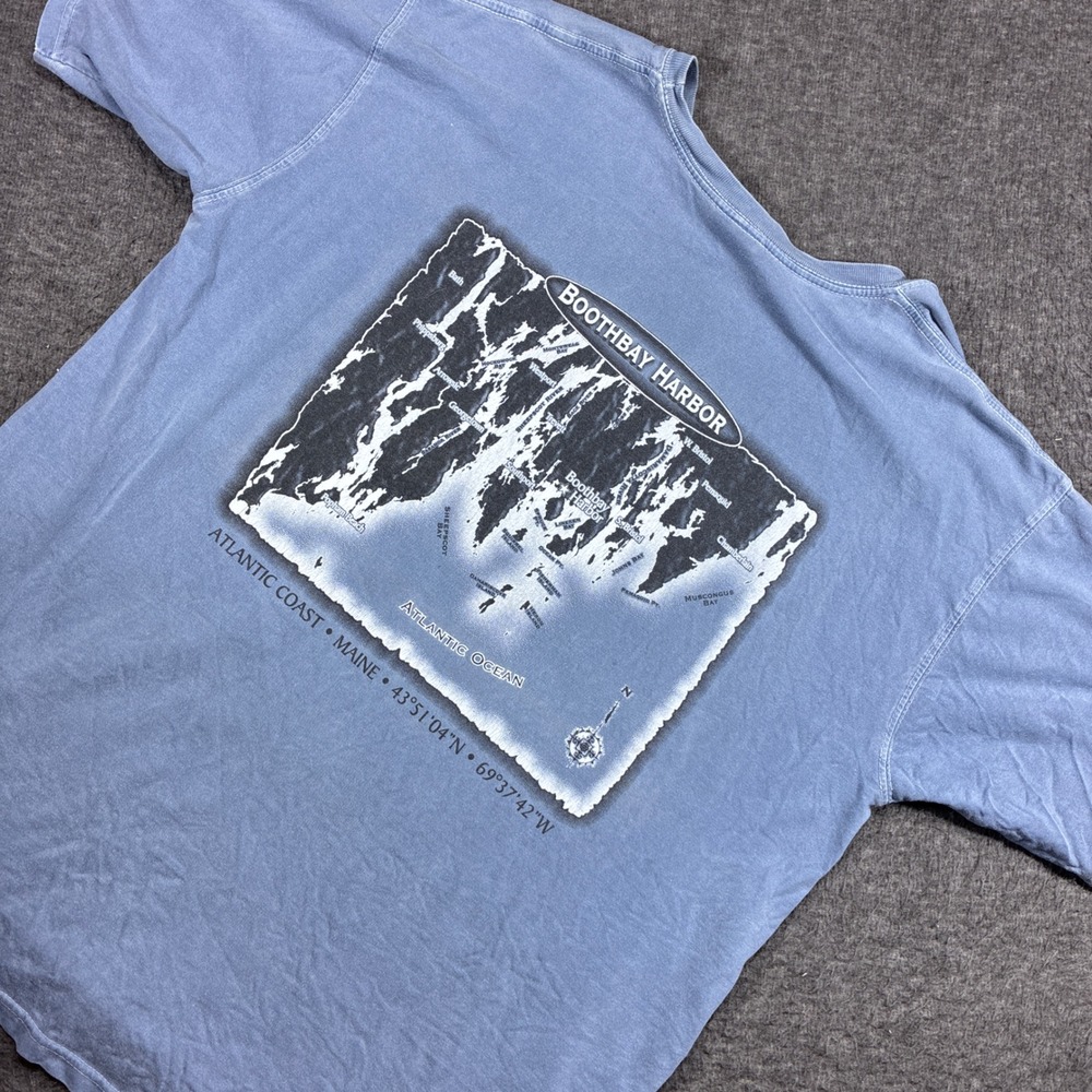 Vintage Maine Shirt Comfort Colors T-Shirt Mens L Blue Boothbay Harbor Map